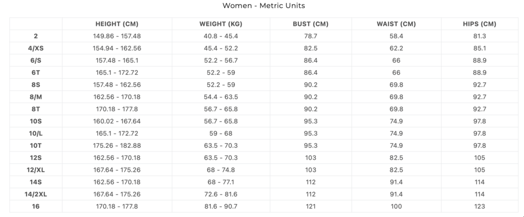 Xcel maattabel dames: lengte, gewicht, borst, taille en heupen