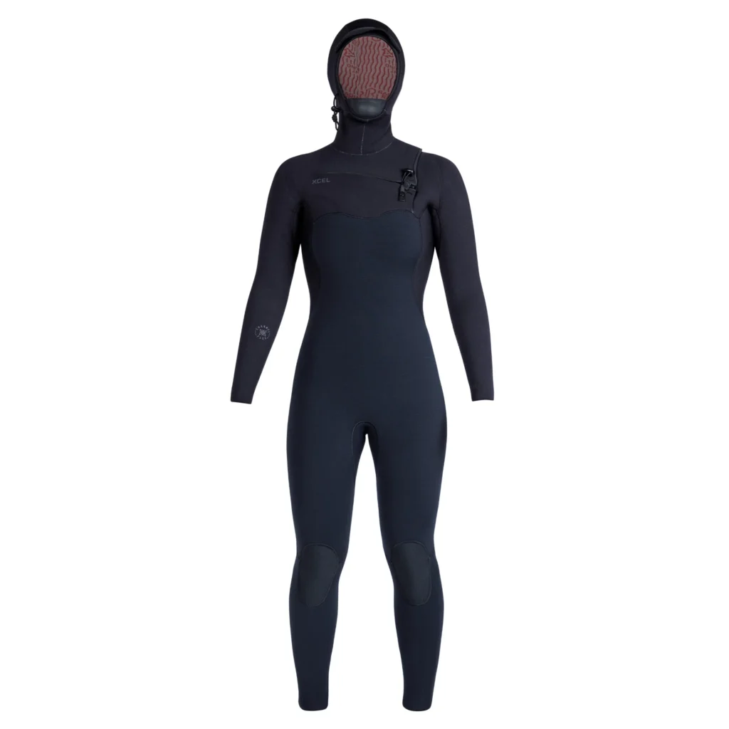 Zwart Xcel Infiniti dames winterwetsuit met capuchon, vooraanzicht